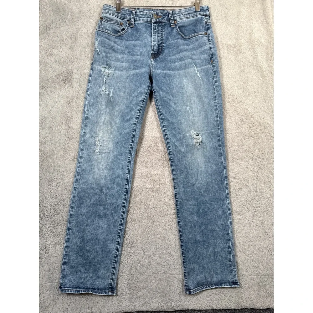 American Eagle Mens 32x33 Slim Straight Distressed Denim Jeans Light Wash